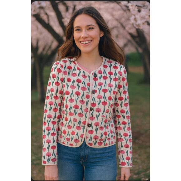 J.Crew Quilted Floral Jacket Pink Red Flowers Button Front Cotton Coat Medium 8 - Picture 1 of 10